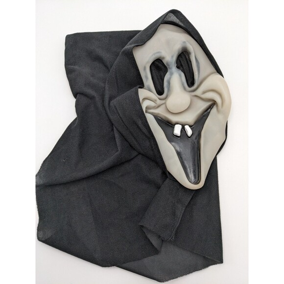 Halloween Goblin Ghost Face Mask Silly Grin Smile Teeth Glows In Dark Blk Shroud - Picture 4 of 10